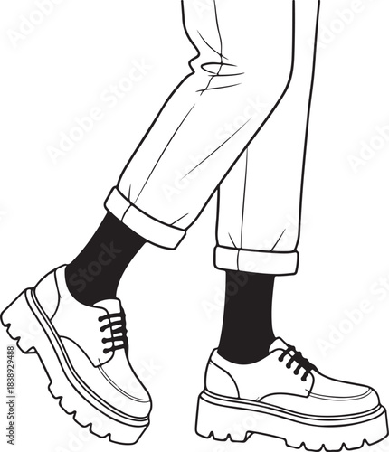 Black and white line art illustration of legs wearing chunky platform shoes and cuffed pants