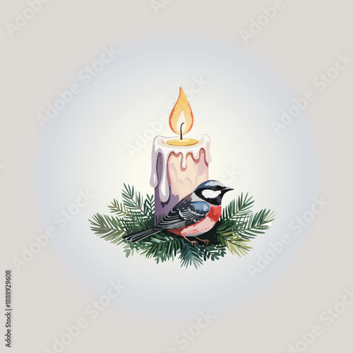 Vector illustration of a burning wax candle with light flam a sparow sitting brings the happiness, festival icon