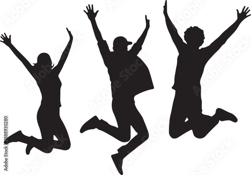 Joyful jumping young people black silhouettes isolated on white
