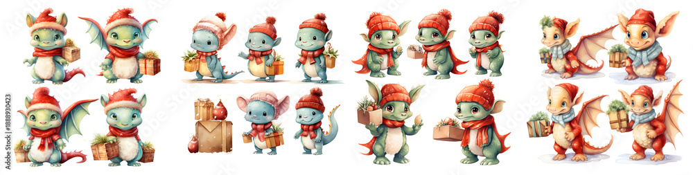 Obraz premium Adorable Christmas dragon character illustrations with a transparent background