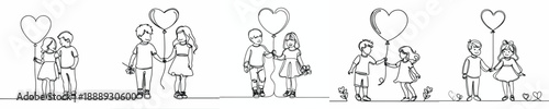 line art of two children holding a love balloon