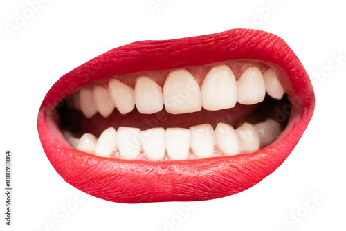 Tableau sur toile Sexy sensual female mouth with white teeth and red lipstick color isolated on wh