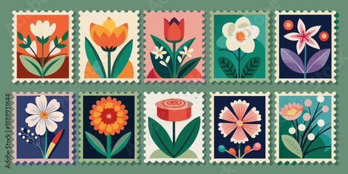 Cheerful floral postage stamps collection with colorful and pretty flowers for journaling and lettering