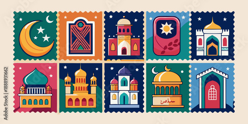 Charming Islamic architecture stamps with mosques and symbols for ramadhan design