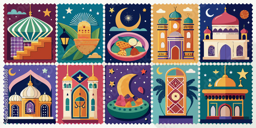 Charming Islamic architecture and Ramadan symbols in colorful stamps