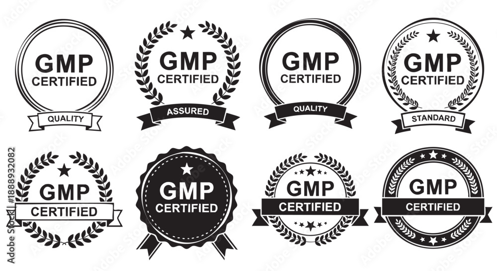 Fototapeta premium Collection of circular GMP certification badges for quality assurance standards