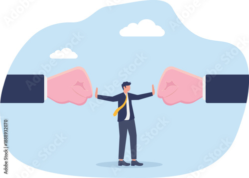 Conflict Resolution Concept with Professional Standing Between Two Clashing Fists