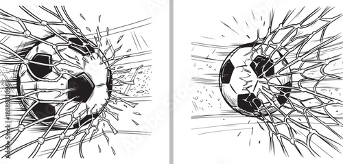 High-energy black and white vector sketches of a soccer ball hitting the back of the net with explosive force, capturing the dynamic movement and physical tension of a winning goal.