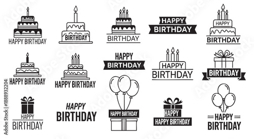 Collection of creative happy birthday text designs with cakes and gifts