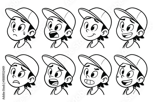 Ten Cartoon Style Facial Expressions and Reactions for Stickers and Digital Emoticons