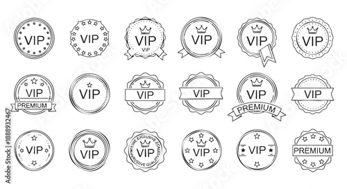 Collection of decorative VIP and premium badge designs with stars and crowns