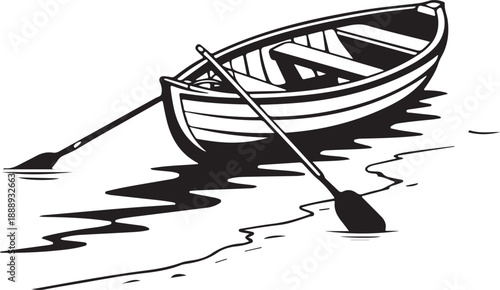 Rowboat with Oars on Water Shore Black and White Vector Illustration