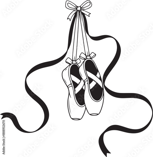 Illustration of hanging ballet pointe shoes with ribbons, black and white sketch.