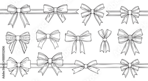 Collection of elegant hand drawn bows and ribbons isolated on transparent background