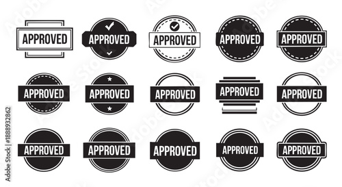 Collection of fifteen different circular approval stamps with checkmarks and stars