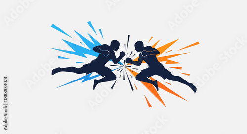Vibrant graphic depicting two silhouetted combatants in an explosive confrontation, surrounded by dynamic blue and orange energy, symbolizing power, competition, and intense struggle