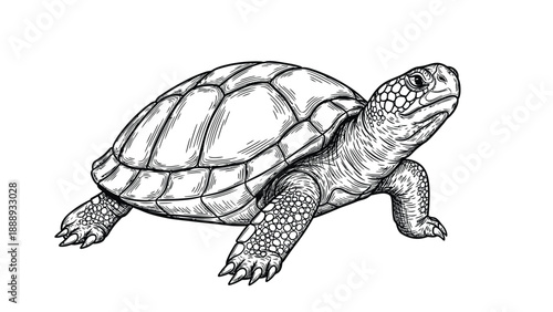 Detailed black and white illustration of a tortoise, showing its textured shell and pebbled skin. The tortoise appears calm and contemplative.
