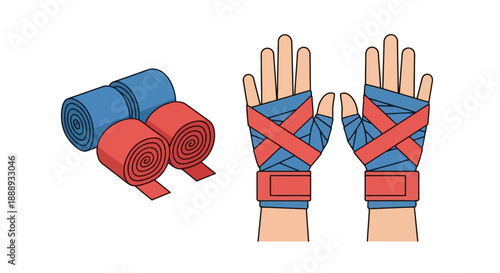 Essential protective gear for martial arts and combat sports training, featuring rolls of hand wraps and hands ready for intense boxing workouts