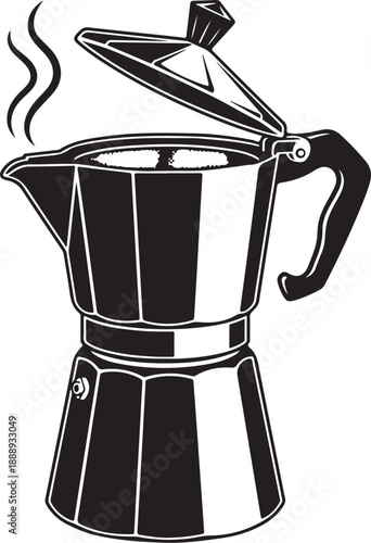 Steaming Moka Pot Vector Illustration. Italian Stovetop Espresso Maker Drawing.