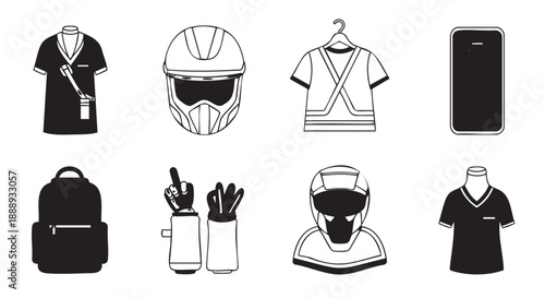 Collection of flat design icons related to sports clothing and accessories