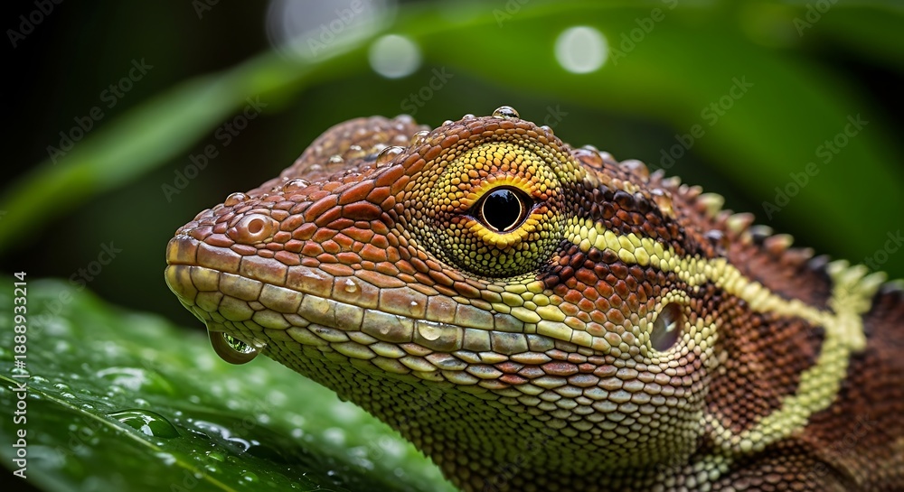 Fototapeta premium Detailed macro of a colorful lizard head with water droplets on its scales.