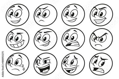 Set of Ten Cartoon Facial Expressions for Character Design and Emoticons, Vector Illustration