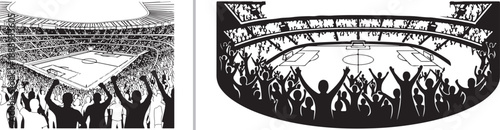 A black and white line art vector showcasing two dynamic views of a packed sports stadium with fans cheering with raised arms as they watch a match on the central soccer pitch.
