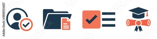 Business and Education Icon Set: Verified User, Document Folder, Task Checklist, and Graduation Diploma