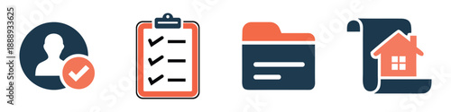 Flat Minimalist Icons for Real Estate Legal Deeds, Project Task Lists, Information Folders, and Approved Profiles