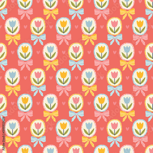 Tulip seamless pattern with cute flower portraits and hearts in cameo frames and flirty bows on red background. Childish naive vector illustration for stylish textile and silly modern wallpaper design