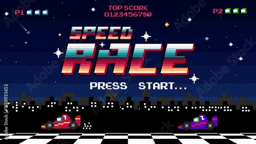 Speed race game pixel art .press start. Retro game interface.