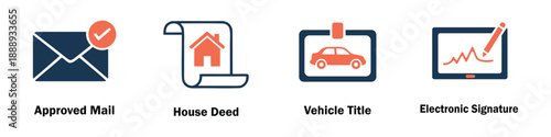 Legal and Business Document Icon Set: House Deed, Vehicle Title, Electronic Signature, and Approved Mail