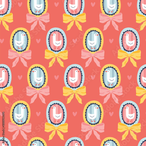 Goose seamless pattern with cute bird portraits and flirty bows on red background. Childish naive vector illustration for textile and packaging design in silly cartoon doodle style.