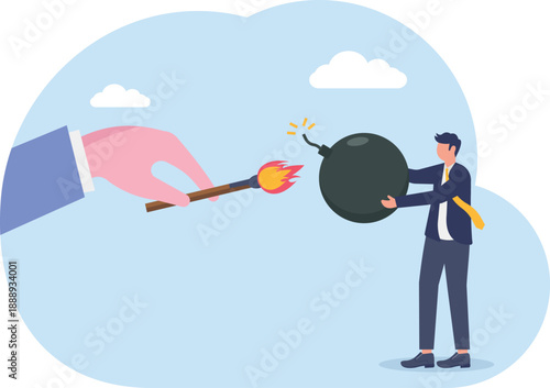 Crisis Deadline Concept with Giant Hand Lighting Fuse of Bomb Held by Professional