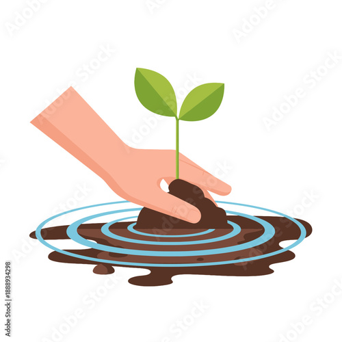 Vector illustration of hand nurturing young plant in fertile soil with water ripples