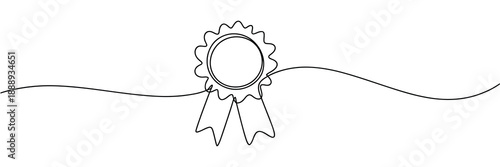 Medal with ribbons illustration, one line art style, editable black stroke vector, award achievement concept, isolated on white background, minimal linear design.