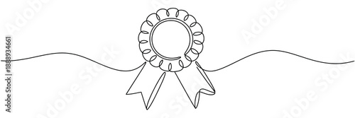 Medal with ribbons illustration, one line art style, editable black stroke vector, award achievement concept, isolated on white background, minimal linear design.