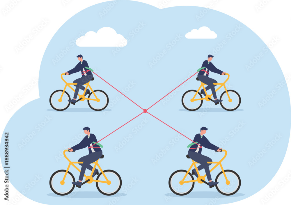 Fototapeta premium Team Coordination Concept with Professionals Riding Bicycles Connected by Ropes
