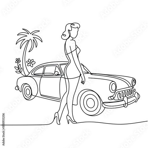 Retro pin up girl with a classic vintage car and palm tree illustration
