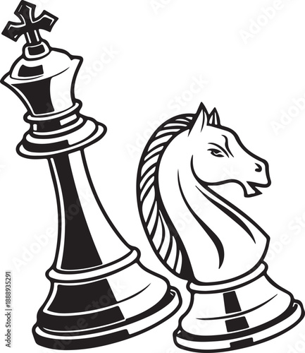 Black and White Chess King and Knight Pieces Vector Illustration Isolated