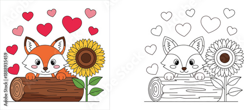 Cute cartoon fox peeking over a log with red hearts and a sunflower. Adorable valentine animal vector illustration for kids isolated on white background.