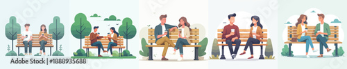 Line art of a couple sitting on a park bench drinking coffee together on Valentine's Day