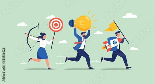Business people running towards success with ideas and goals.