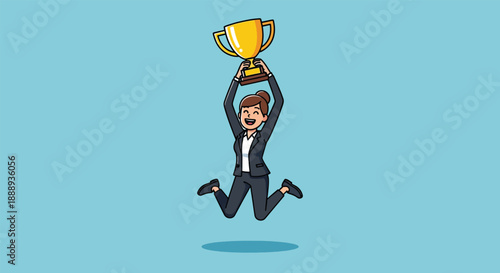 Businesswoman Jumping with Trophy Celebrating Success.