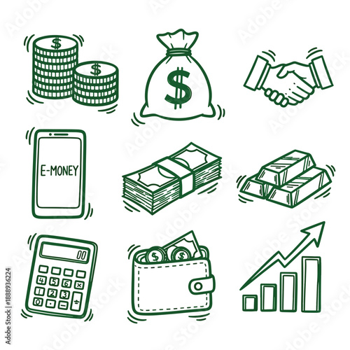 Collection of HandDrawn Icons Representing Finance and Business Concept