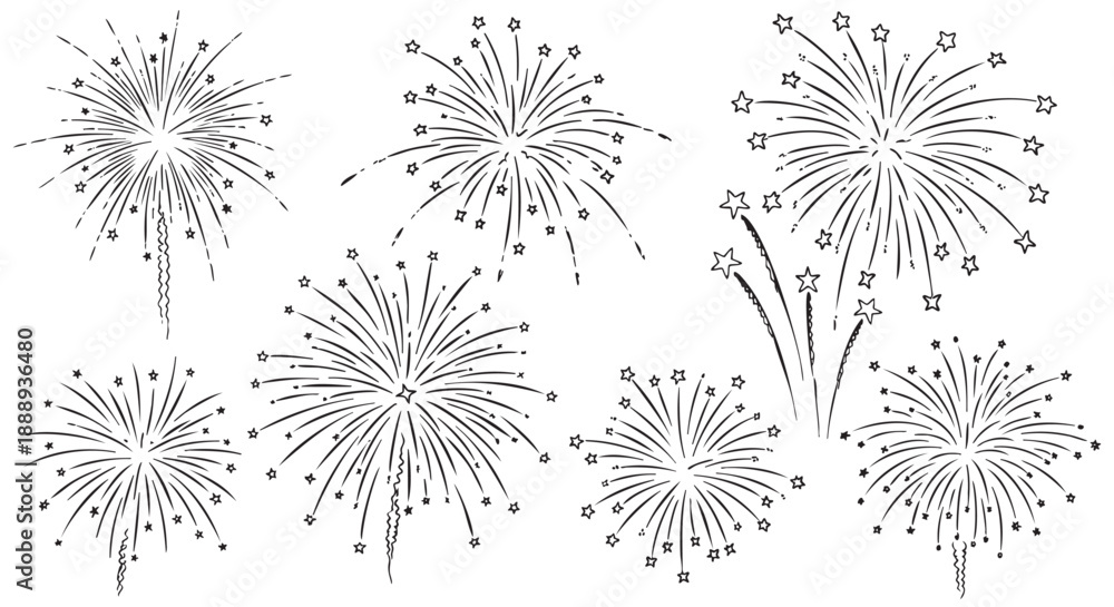 Obraz premium Collection of hand drawn fireworks explosions isolated on transparent background