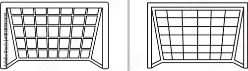Clean black and white vector outlines of empty soccer goals, showing the front view of the net and frame for sports facility and equipment design.
