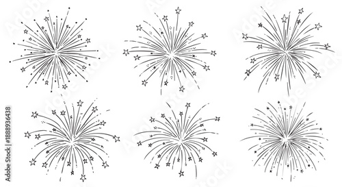 Collection of hand drawn firework explosions isolated on transparent background
