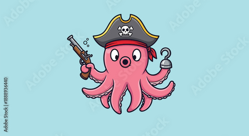 Cute Octopus Pirate Character with Hook and Gun.