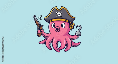 Cute Cartoon Octopus Pirate Character with Hook and Gun Illustration.